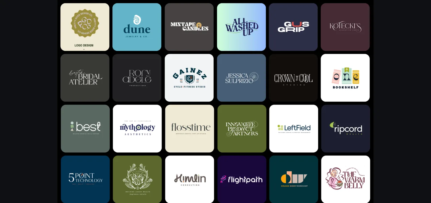 A wall of brand identities and logos designed across food, fitness, beauty, and technology